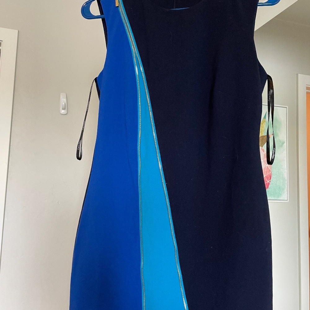 Calvin Klein Blue Color Block Dress with Gold Zippers Size 2